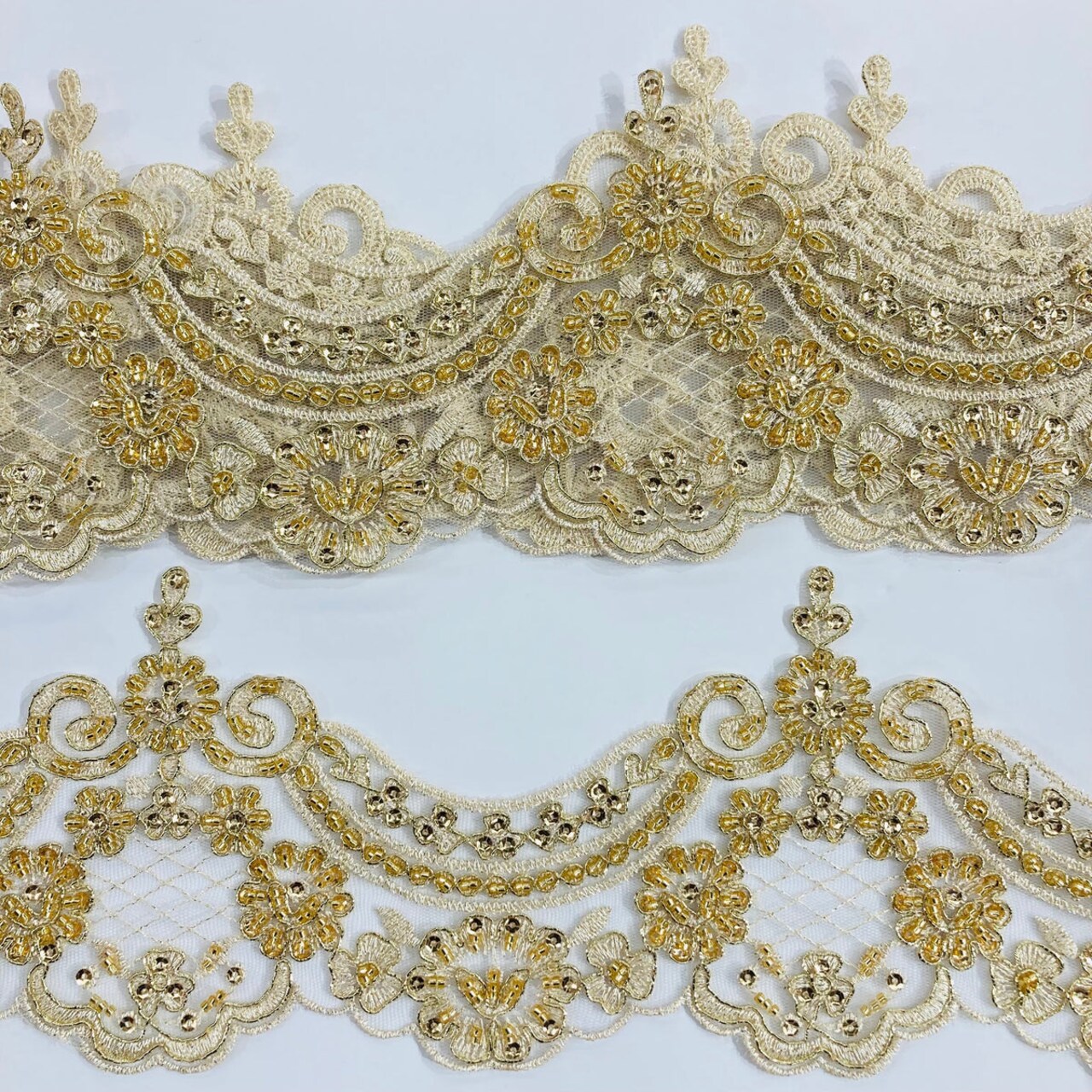 1 Yard Elegant Beaded & Corded Embroidered Lace Trim on 100% Polyester Mesh